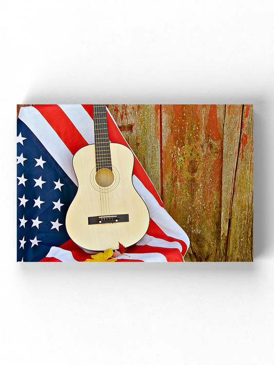 Guitar And American Flag Wrapped Canvas - Image by Shutterstock | Decorate Your Wall with Music