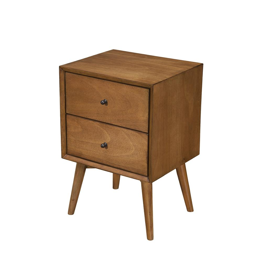 Flynn Mid Century Modern 2 Drawer Nightstand, Acorn - Sturdy Mahogany Construction - Felt Lined Top Drawer - Easy Assembly - French & English Dovetail Drawer Construction