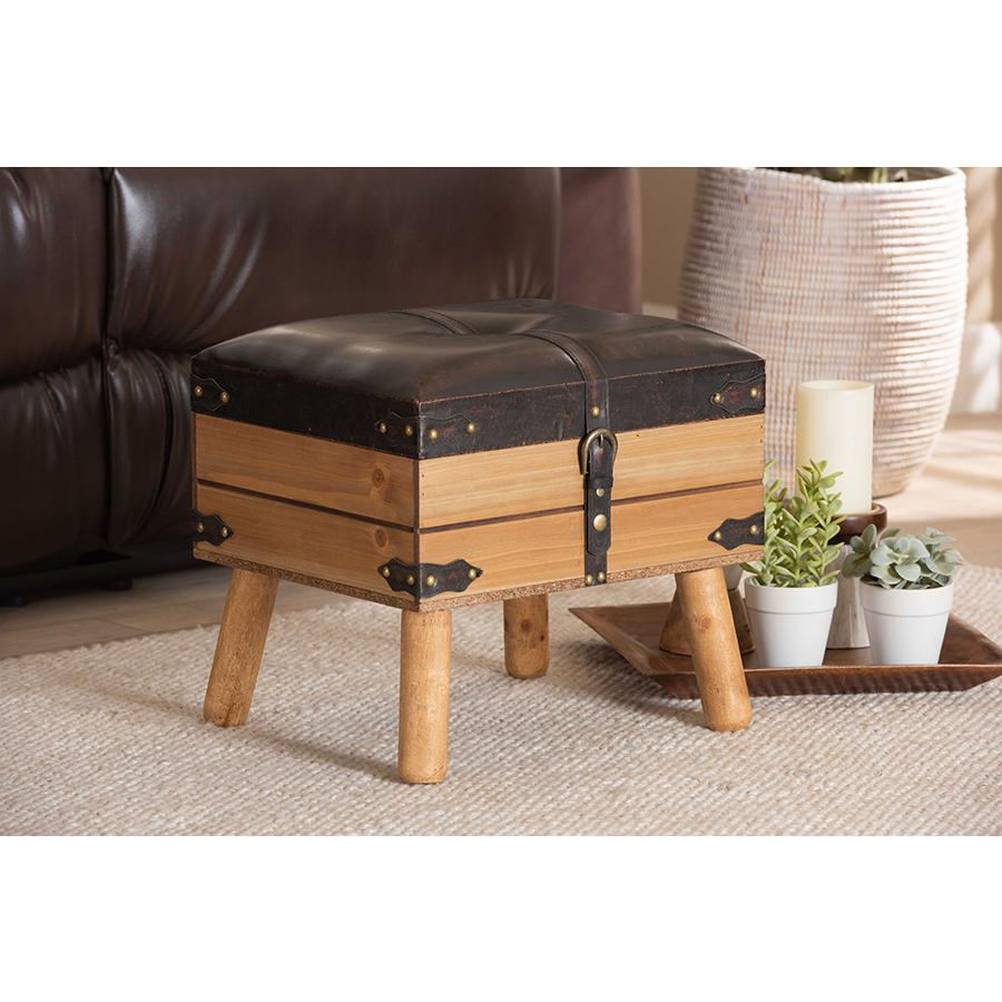 Dark Brown PU Leather Upholstered and Oak Finished Wood Small Storage Ottoman