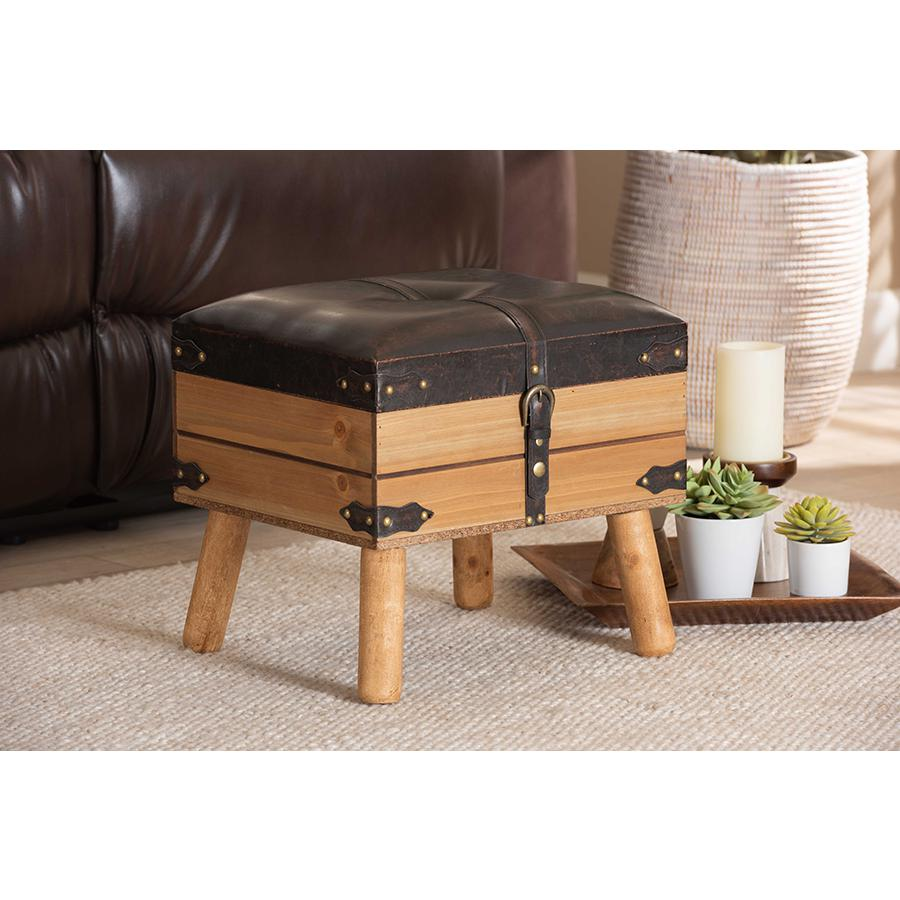 Dark Brown PU Leather Upholstered and Oak Finished Wood Small Storage Ottoman