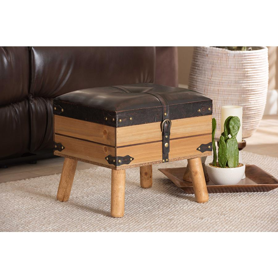 Dark Brown PU Leather Upholstered and Oak Finished Wood Small Storage Ottoman