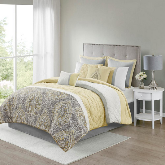 Luxurious 8 Piece Comforter Set with Diamond Quilting Details in Yellow, Grey, and Taupe Hues