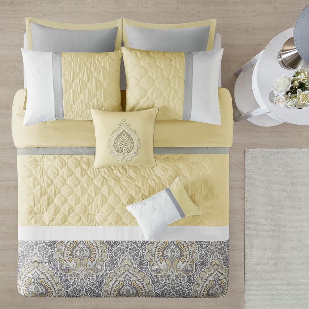 Luxurious 8 Piece Comforter Set with Diamond Quilting Details in Yellow, Grey, and Taupe Hues