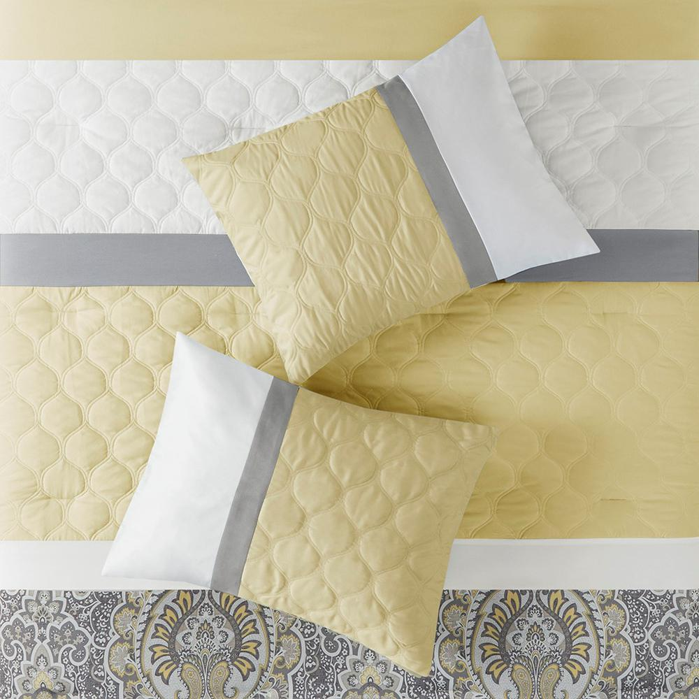 Luxurious 8 Piece Comforter Set with Diamond Quilting Details in Yellow, Grey, and Taupe Hues