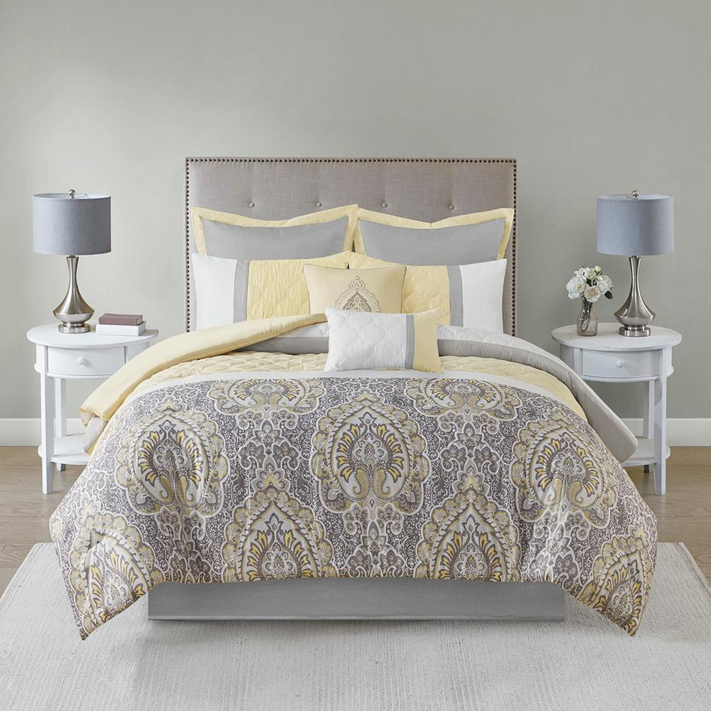 Luxurious 8 Piece Comforter Set with Diamond Quilting Details in Yellow, Grey, and Taupe Hues