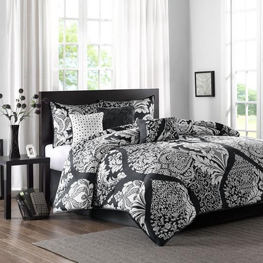 Madison Park Vienna 7 Piece Cotton Printed Comforter Set - Black, 104x92x1.5