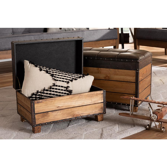 Leather Upholstered 2-Piece Wood Storage Trunk Ottoman Set