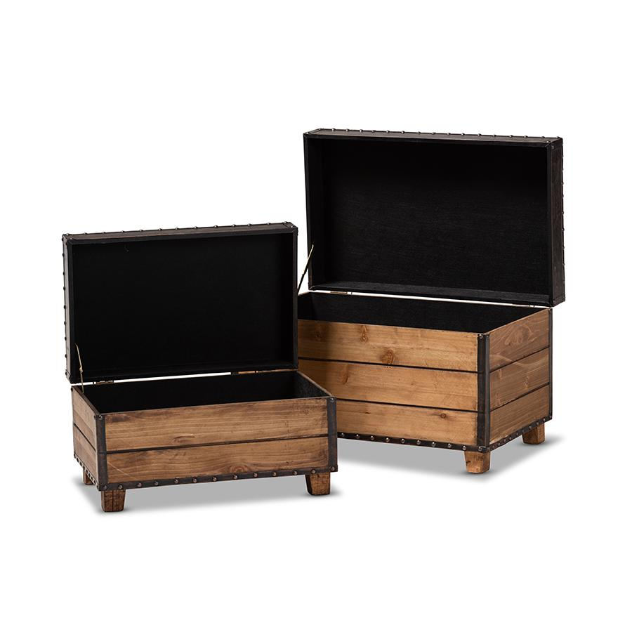 Leather Upholstered 2-Piece Wood Storage Trunk Ottoman Set