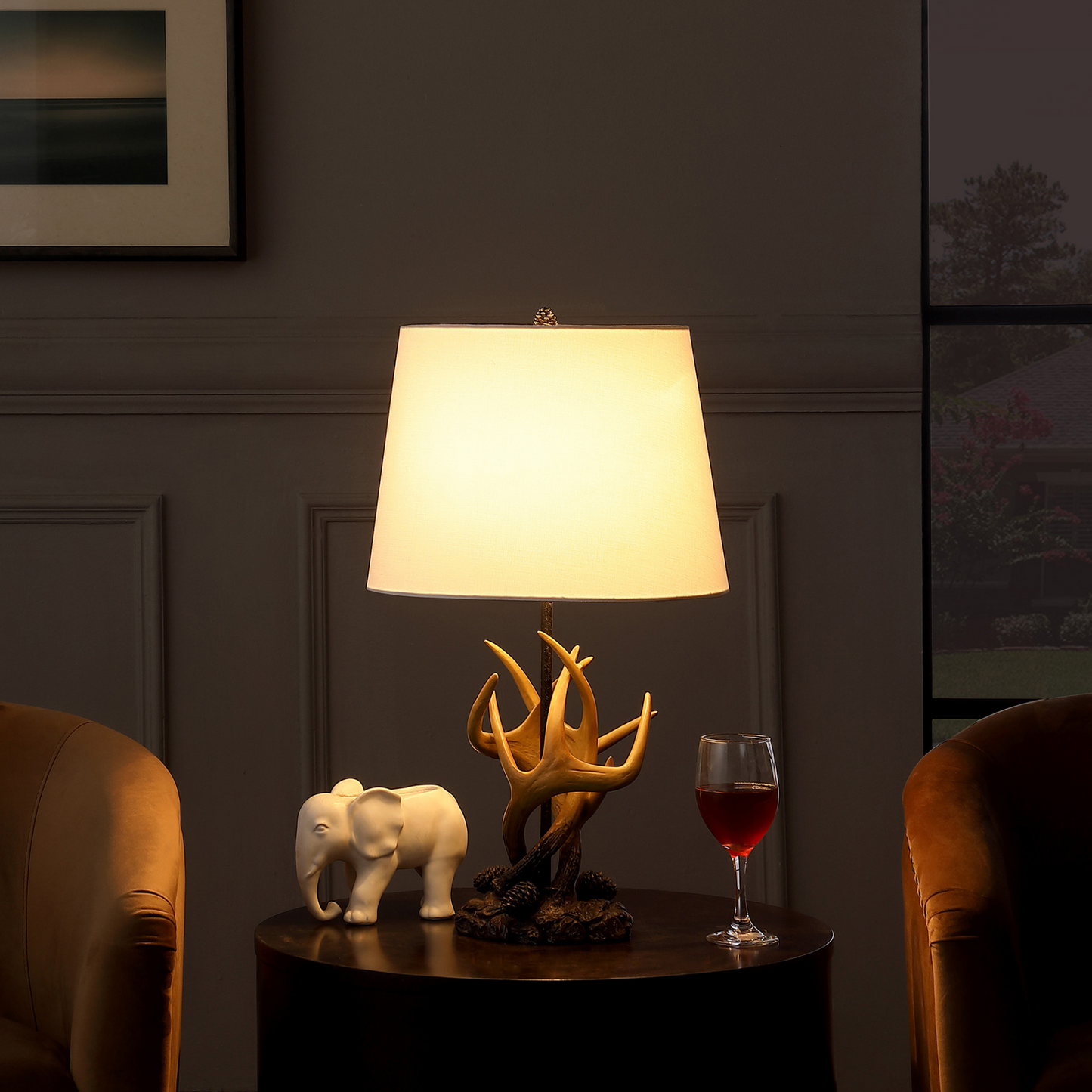 26" Natural And Brown Antlers Table Lamp With White Shade