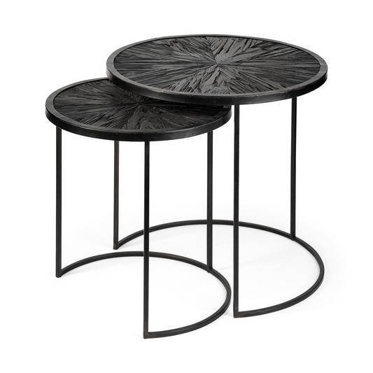 Set of 2 Dark Wood Round Top Accent Tables with Black Iron Frame