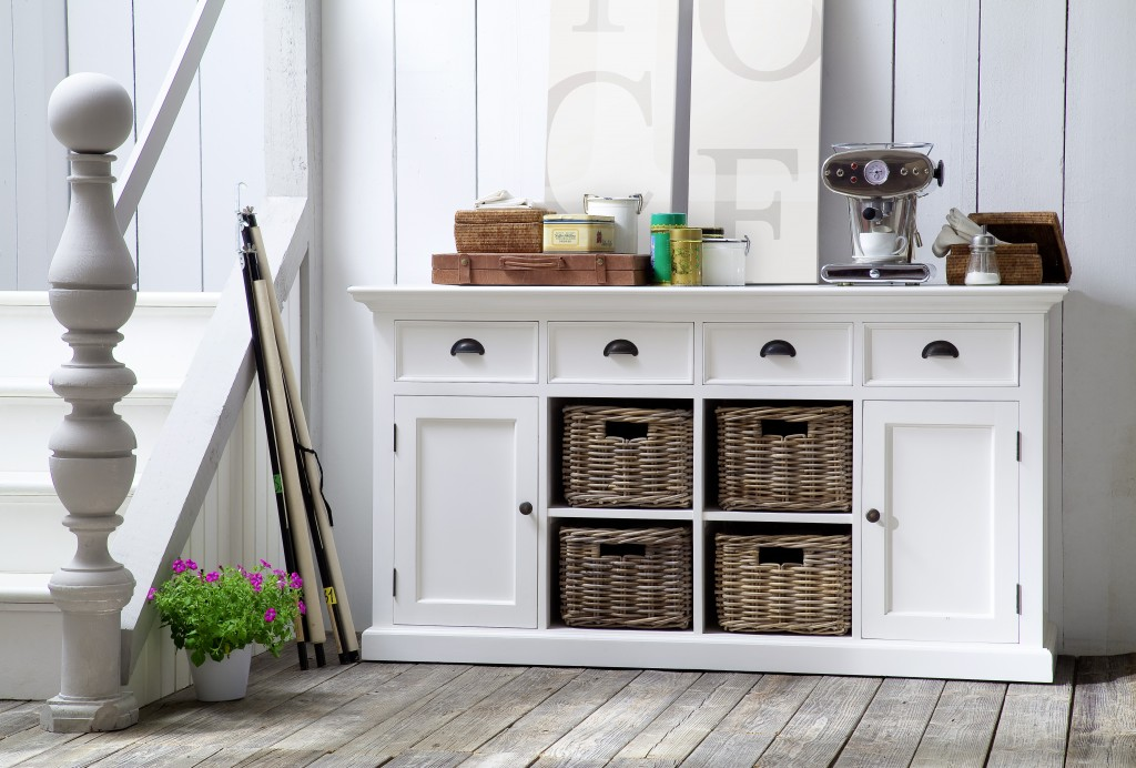 "Modern Farmhouse White Buffet With Baskets"