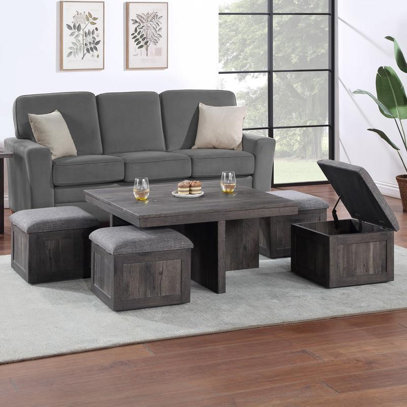 Moseberg Rustic Wood Coffee Table with Storage Stools