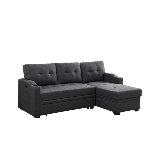 Mabel Dark Gray Linen Fabric Sleeper Sectional with Cupholder, USB Charging Port, and Pocket - Functional and Stylish