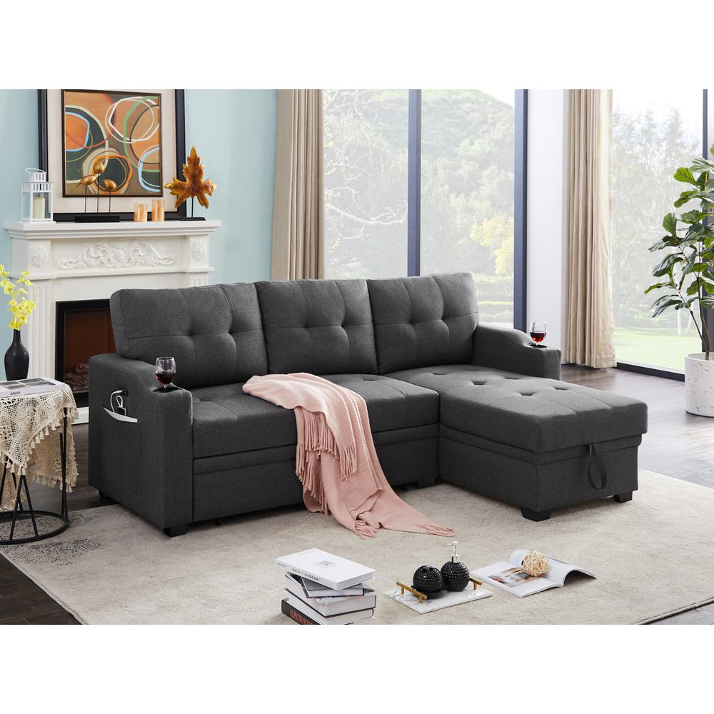 Mabel Dark Gray Linen Fabric Sleeper Sectional with Cupholder, USB Charging Port, and Pocket - Functional and Stylish