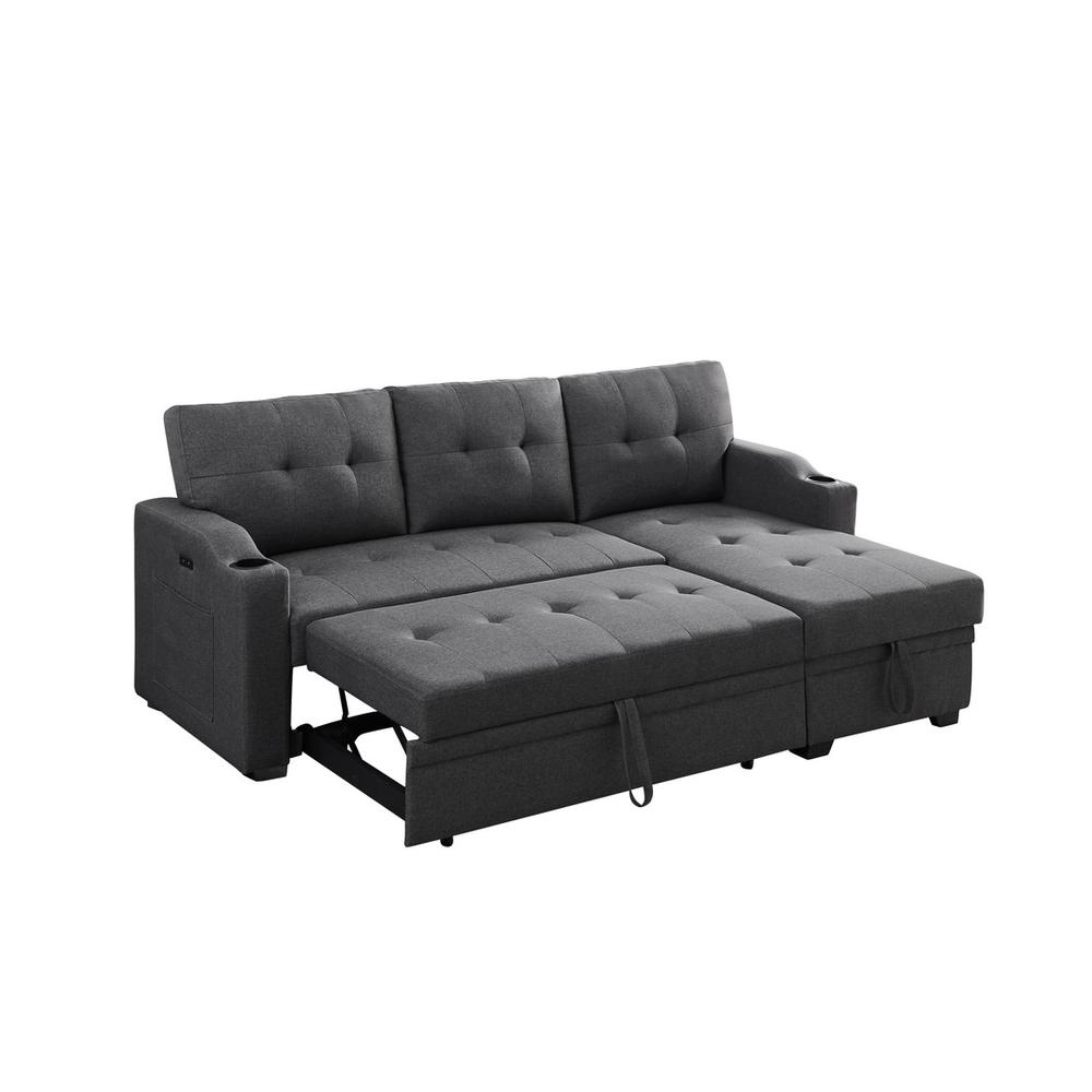 Mabel Dark Gray Linen Fabric Sleeper Sectional with Cupholder, USB Charging Port, and Pocket - Functional and Stylish