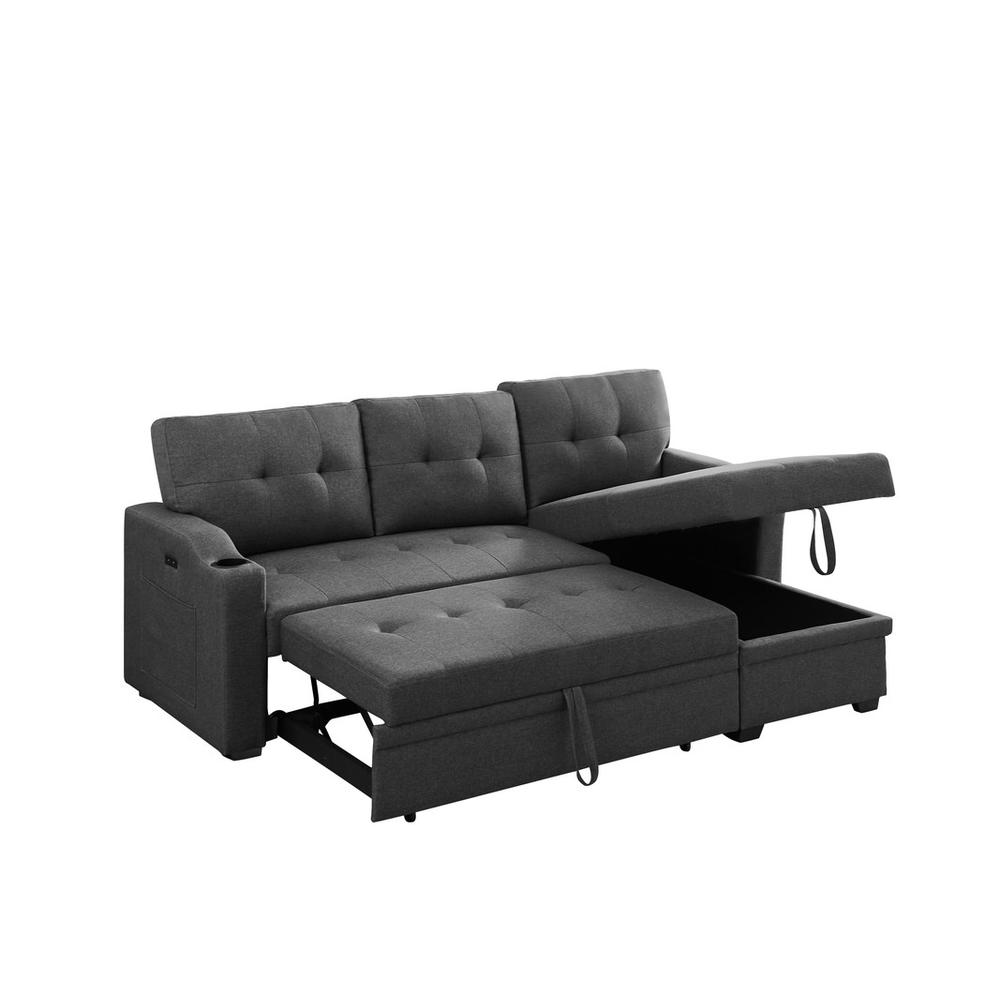 Mabel Dark Gray Linen Fabric Sleeper Sectional with Cupholder, USB Charging Port, and Pocket - Functional and Stylish