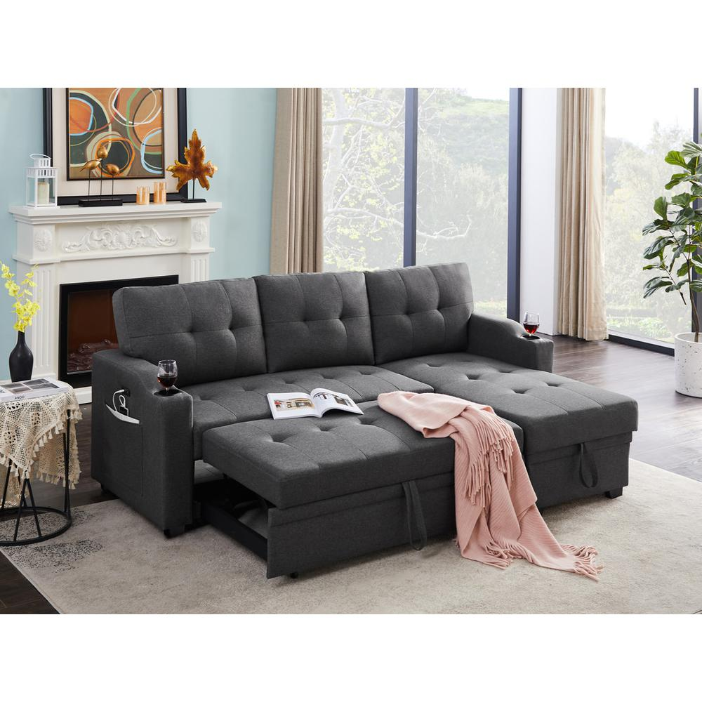 Mabel Dark Gray Linen Fabric Sleeper Sectional with Cupholder, USB Charging Port, and Pocket - Functional and Stylish