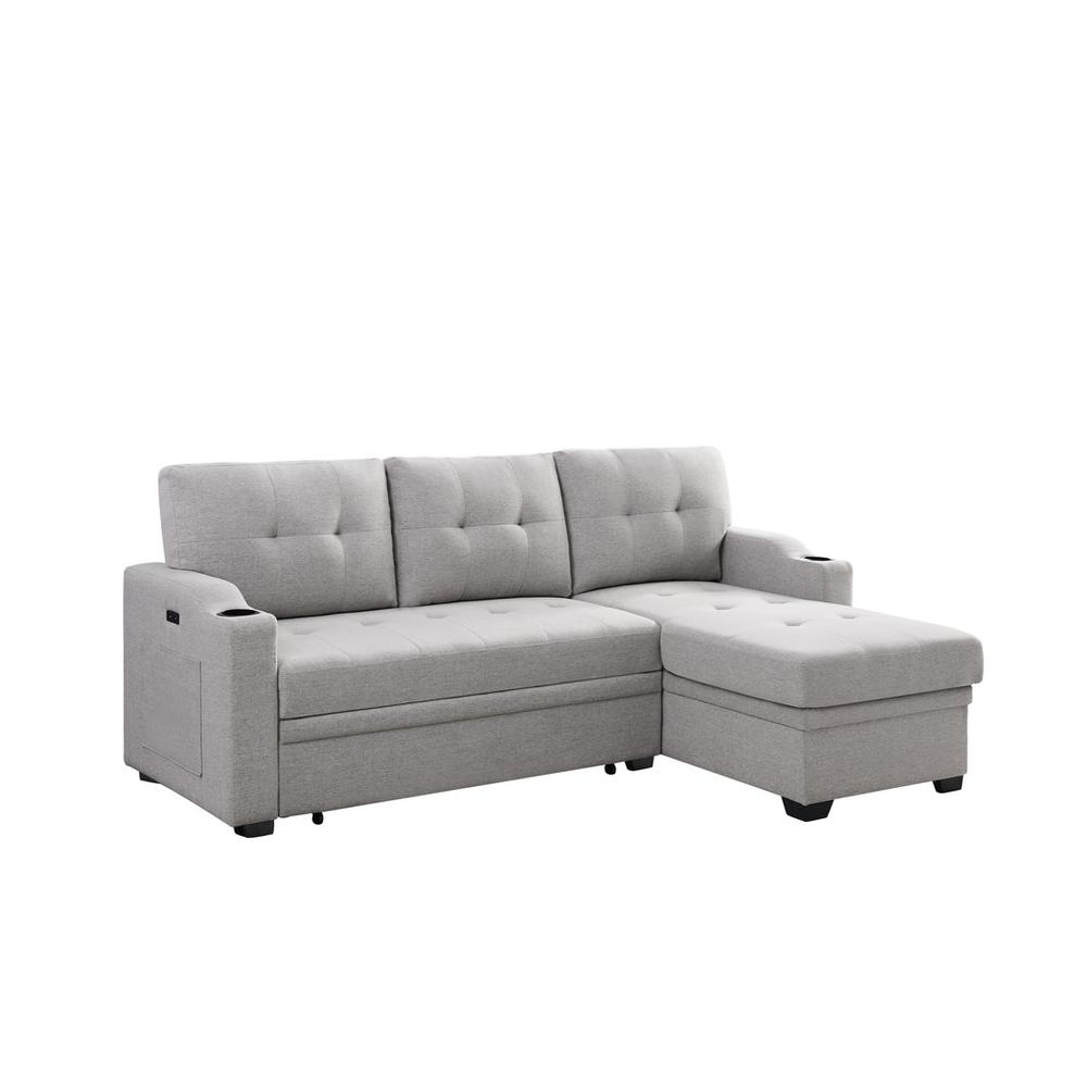 Mabel Dark Gray Linen Fabric Sleeper Sectional with Cupholder, USB Charging Port, and Pocket - Functional and Stylish