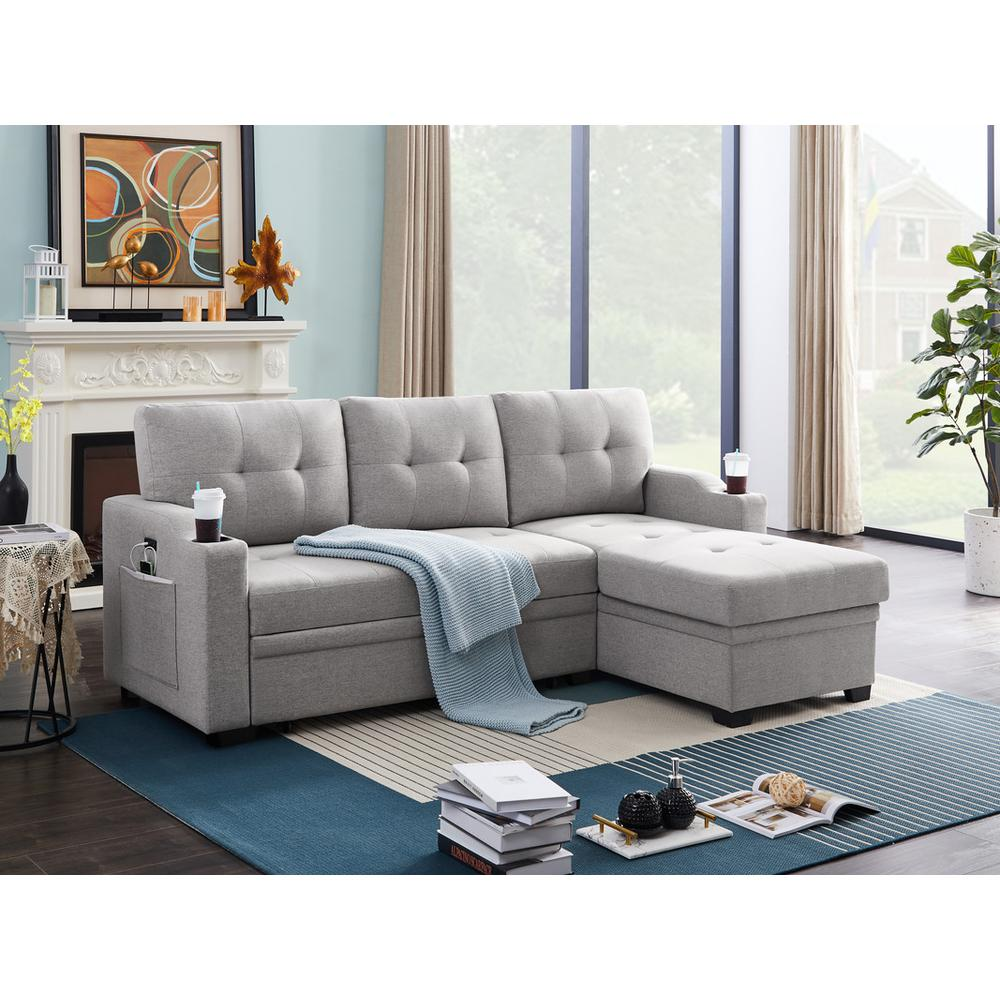 Mabel Dark Gray Linen Fabric Sleeper Sectional with Cupholder, USB Charging Port, and Pocket - Functional and Stylish