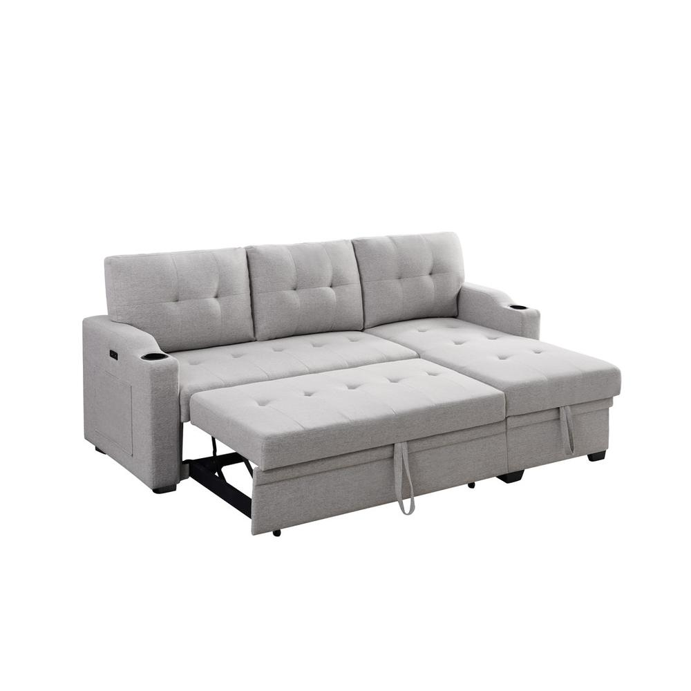 Mabel Dark Gray Linen Fabric Sleeper Sectional with Cupholder, USB Charging Port, and Pocket - Functional and Stylish