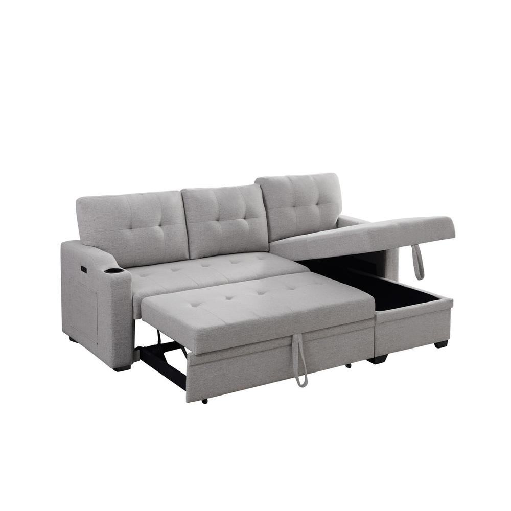 Mabel Dark Gray Linen Fabric Sleeper Sectional with Cupholder, USB Charging Port, and Pocket - Functional and Stylish