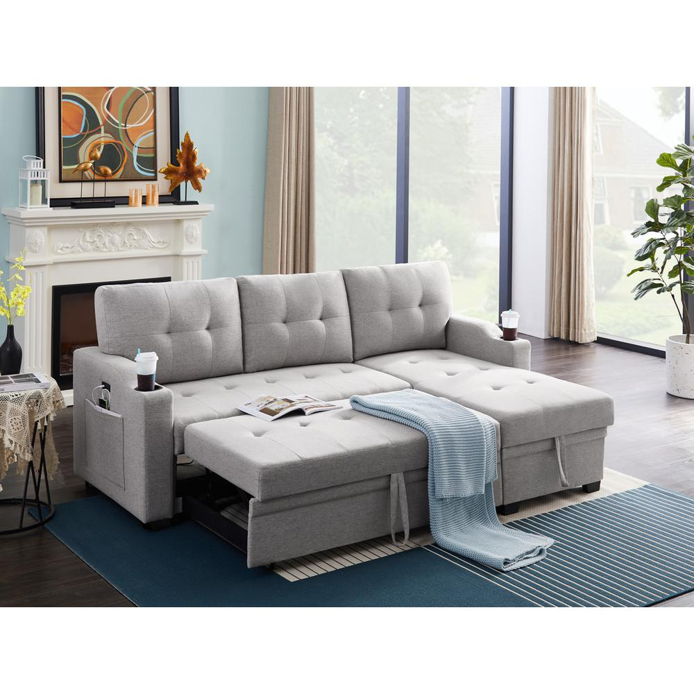 Mabel Dark Gray Linen Fabric Sleeper Sectional with Cupholder, USB Charging Port, and Pocket - Functional and Stylish