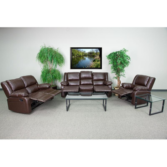 Brown LeatherSoft Reclining Sofa Set - Contemporary Style, Plush Arms, Five Reclining Seats