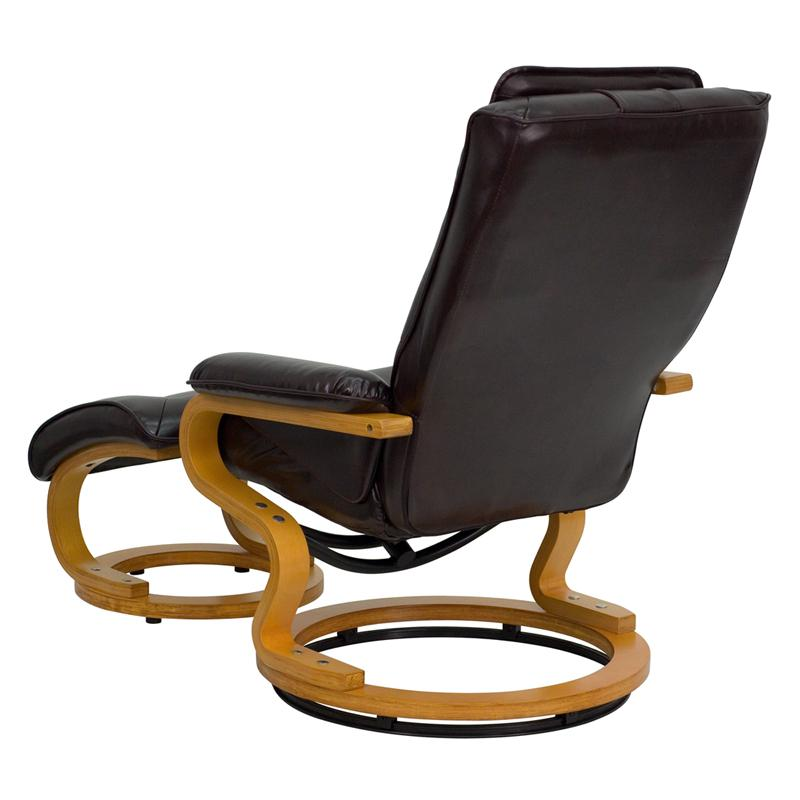 Contemporary Adjustable Recliner and Ottoman with Swivel Maple Wood Base in Brown LeatherSoft