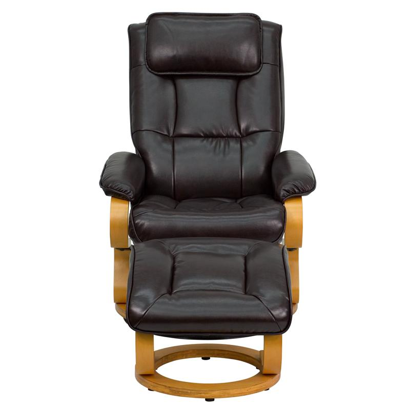 Contemporary Adjustable Recliner and Ottoman with Swivel Maple Wood Base in Brown LeatherSoft