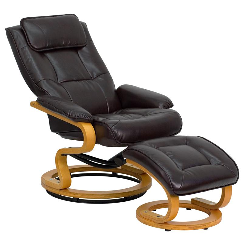 Contemporary Adjustable Recliner and Ottoman with Swivel Maple Wood Base in Brown LeatherSoft