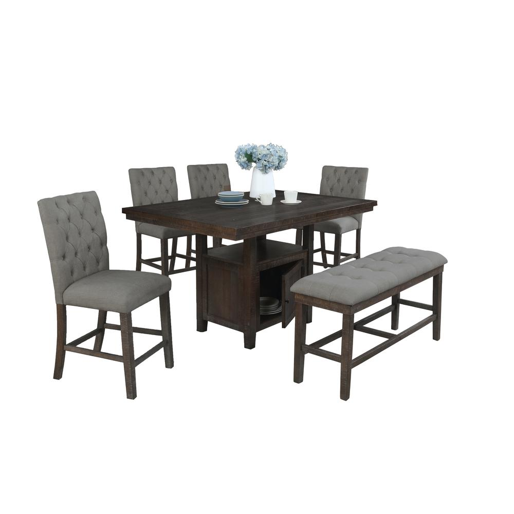 Classic 6pc Dining Set Counter Height w/Rustic Table Storage, Tufted Bench & Side Chairs, Gray