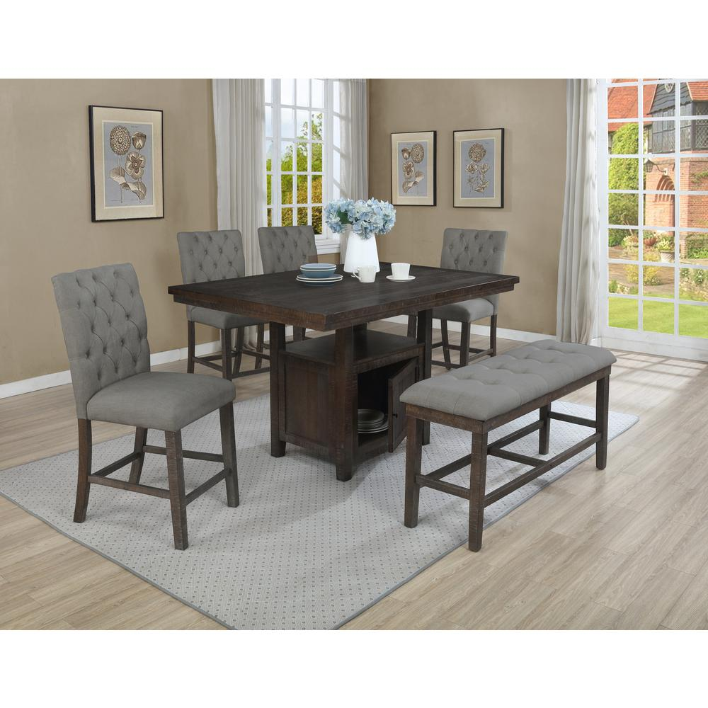 Classic 6pc Dining Set Counter Height w/Rustic Table Storage, Tufted Bench & Side Chairs, Gray