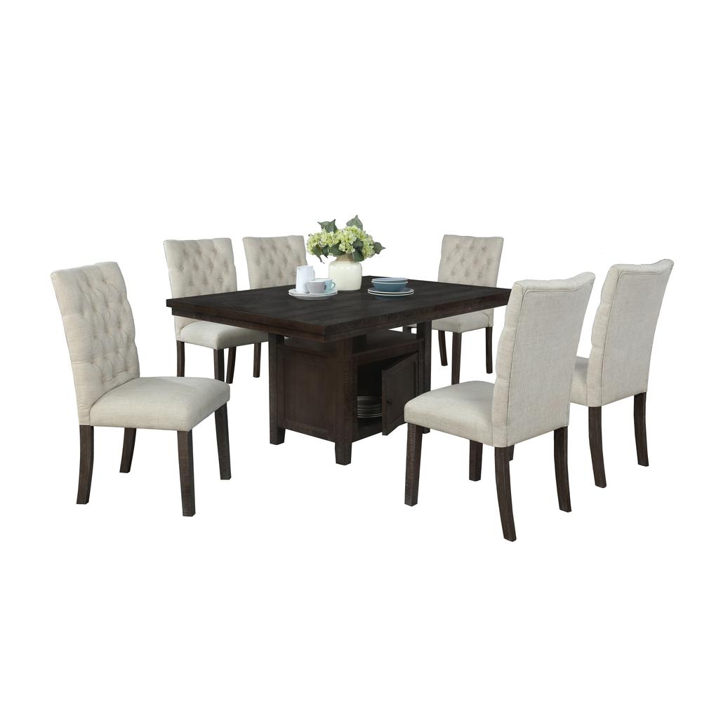 7pc Dining Set w/Uph Chairs Tufted & Table w/Storage, Beige