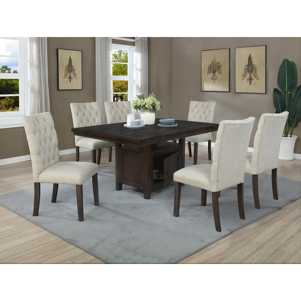 7pc Dining Set w/Uph Chairs Tufted & Table w/Storage, Beige