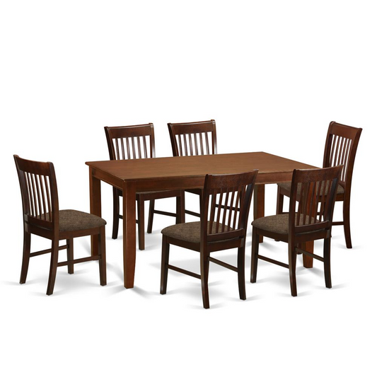 DUNO7-MAH-C 7 PC Dinette Table Set for 6 - Mahogany Finish, Wood Top, 6 Chairs