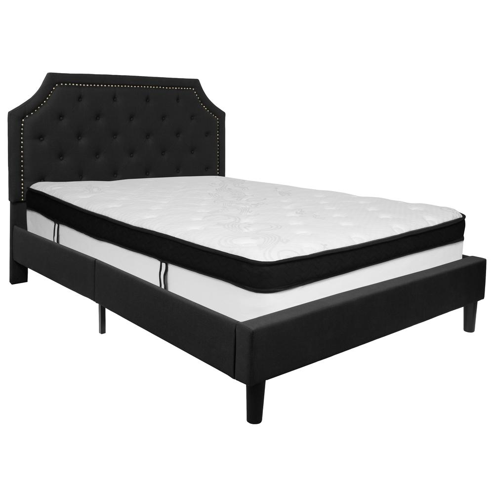 Queen Size Platform Bed in Black Fabric with Memory Foam Mattress