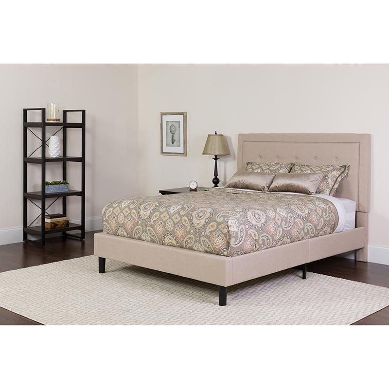 Queen Size Platform Bed in Beige Fabric with Pocket Spring Mattress