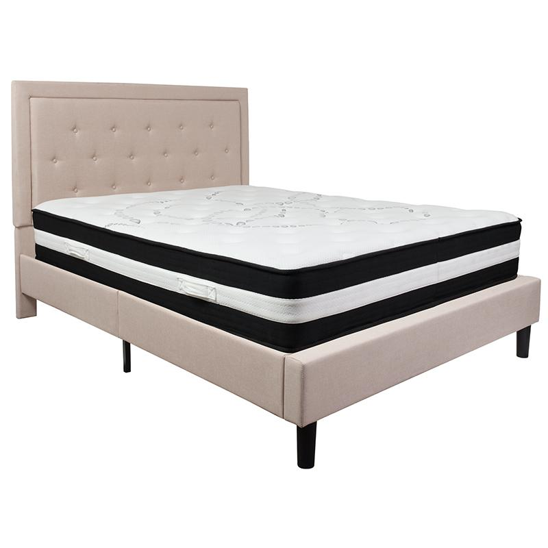 Queen Size Platform Bed in Beige Fabric with Pocket Spring Mattress