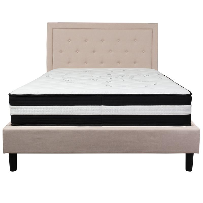 Queen Size Platform Bed in Beige Fabric with Pocket Spring Mattress