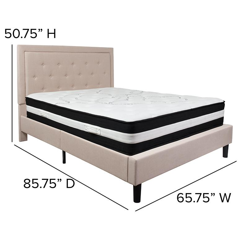 Queen Size Platform Bed in Beige Fabric with Pocket Spring Mattress