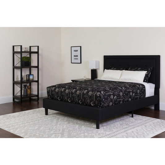 Queen Size Platform Bed in Black Fabric with Memory Foam Mattress