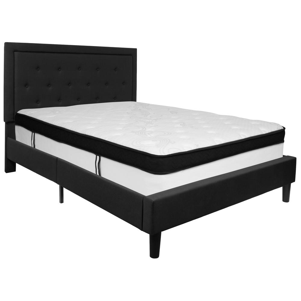 Queen Size Platform Bed in Black Fabric with Memory Foam Mattress