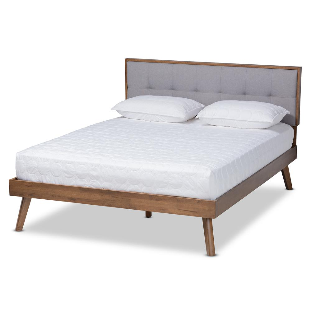 Braxton Studio Light Grey Fabric Upholstered Walnut Brown Finished Wood King Size Platform Bed