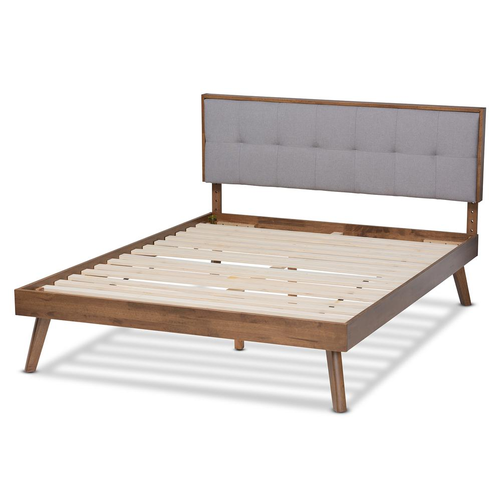 Braxton Studio Light Grey Fabric Upholstered Walnut Brown Finished Wood King Size Platform Bed