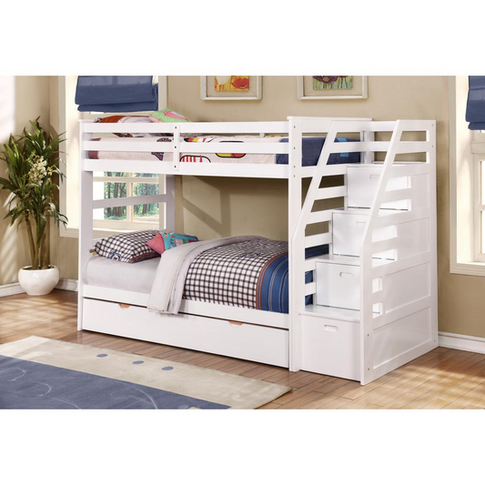 Twin Over Twin Storage Step Bunk Bed with Twin Trundle - Space-Saving, Staircase Storage, Solid Wood Construction