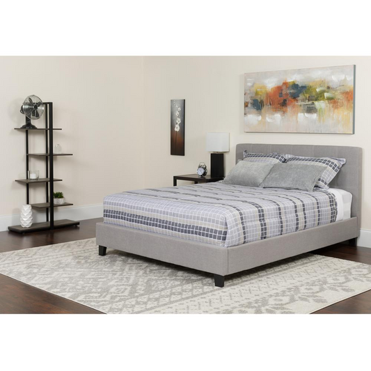 Queen Size Platform Bed in Light Gray Fabric with Memory Foam Mattress