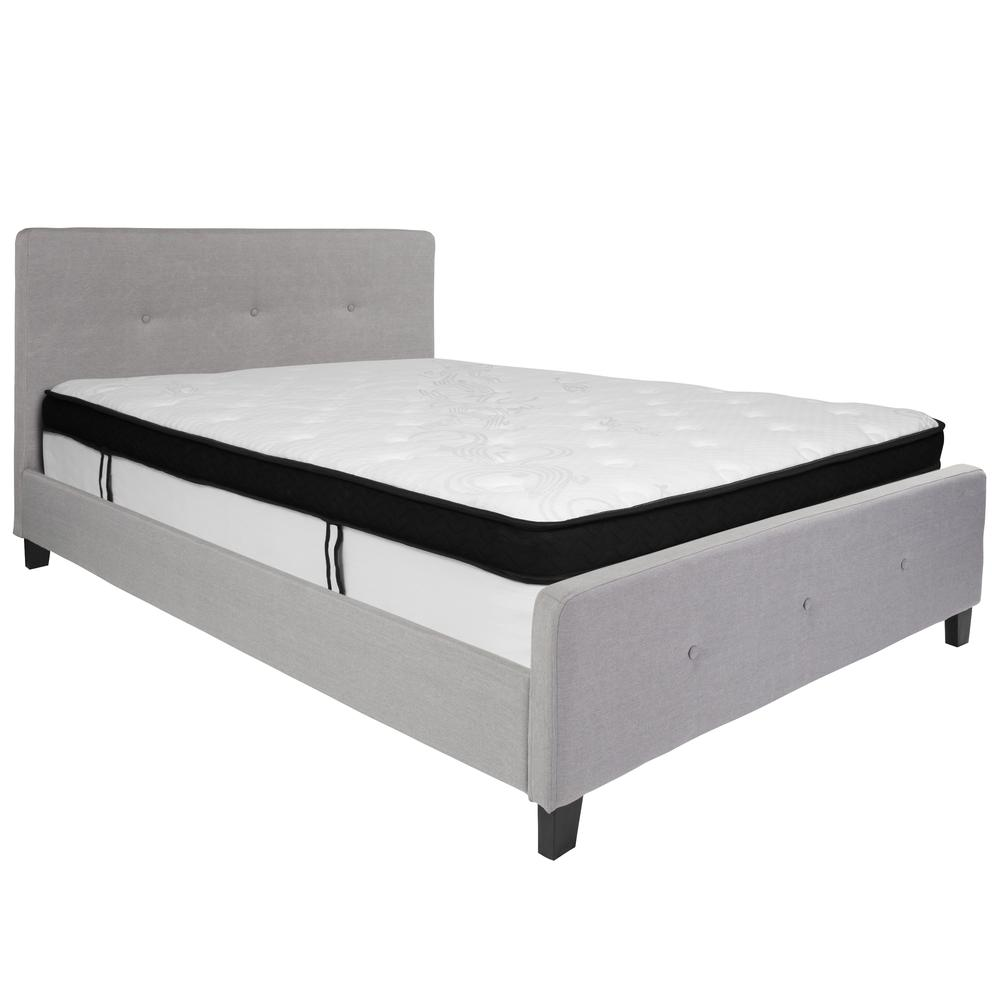 Queen Size Platform Bed in Light Gray Fabric with Memory Foam Mattress