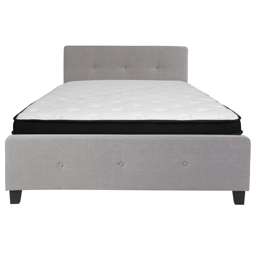 Queen Size Platform Bed in Light Gray Fabric with Memory Foam Mattress