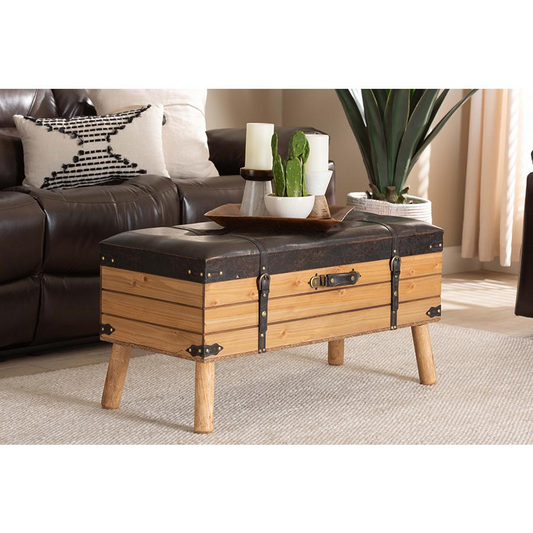 Dark Brown PU Leather Upholstered and Oak Finished Wood Large Storage Ottoman