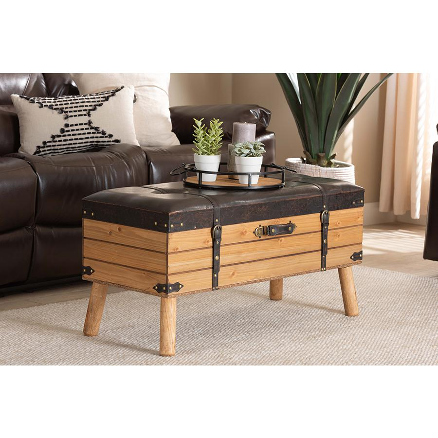 Dark Brown PU Leather Upholstered and Oak Finished Wood Large Storage Ottoman